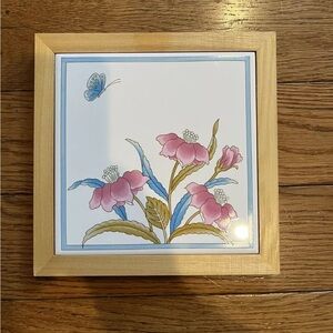 Ceramic Tile Trivet Hot Pot Holder Floral Butterfly Japan Flowers Vintage Retro